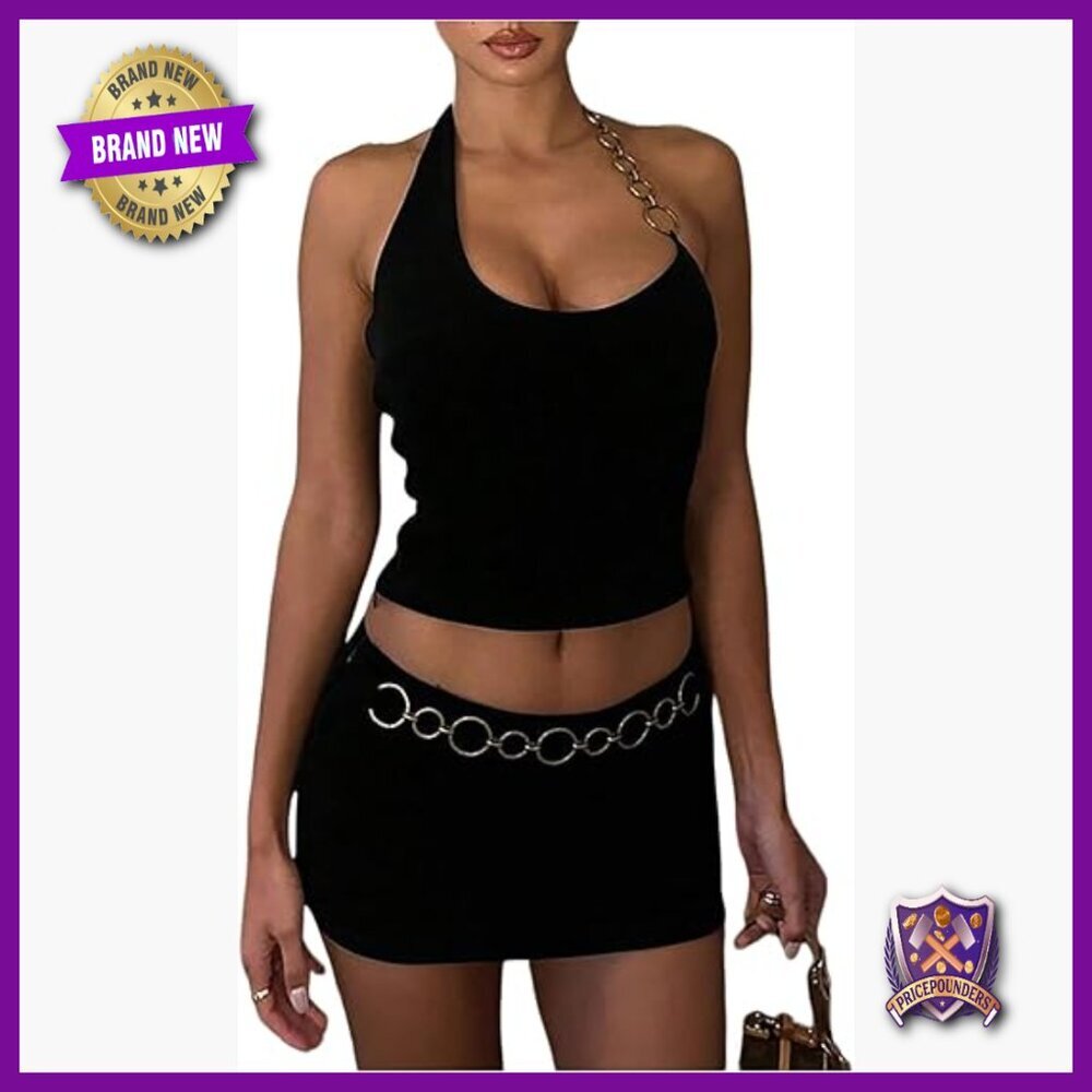 Two Piece Club Outfit Chain Halter Crop Top Bodycon Mini Skirt Set